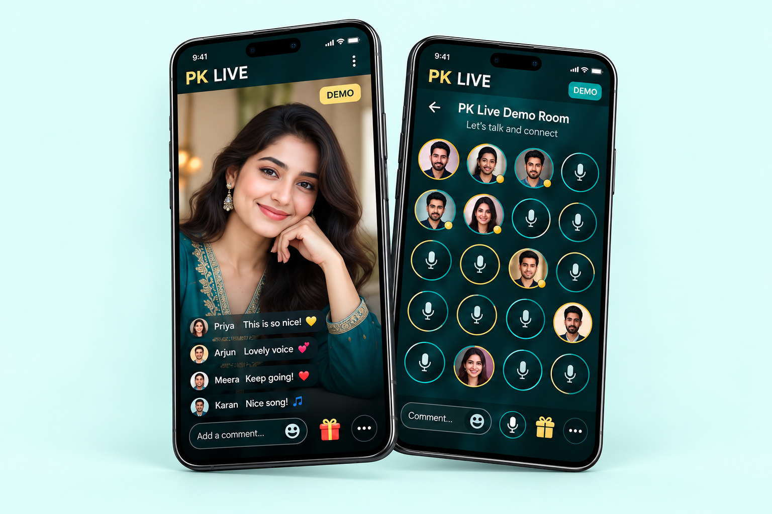 Illustrative PK Live demo: a live video room and an audio party room with sample adult profiles
